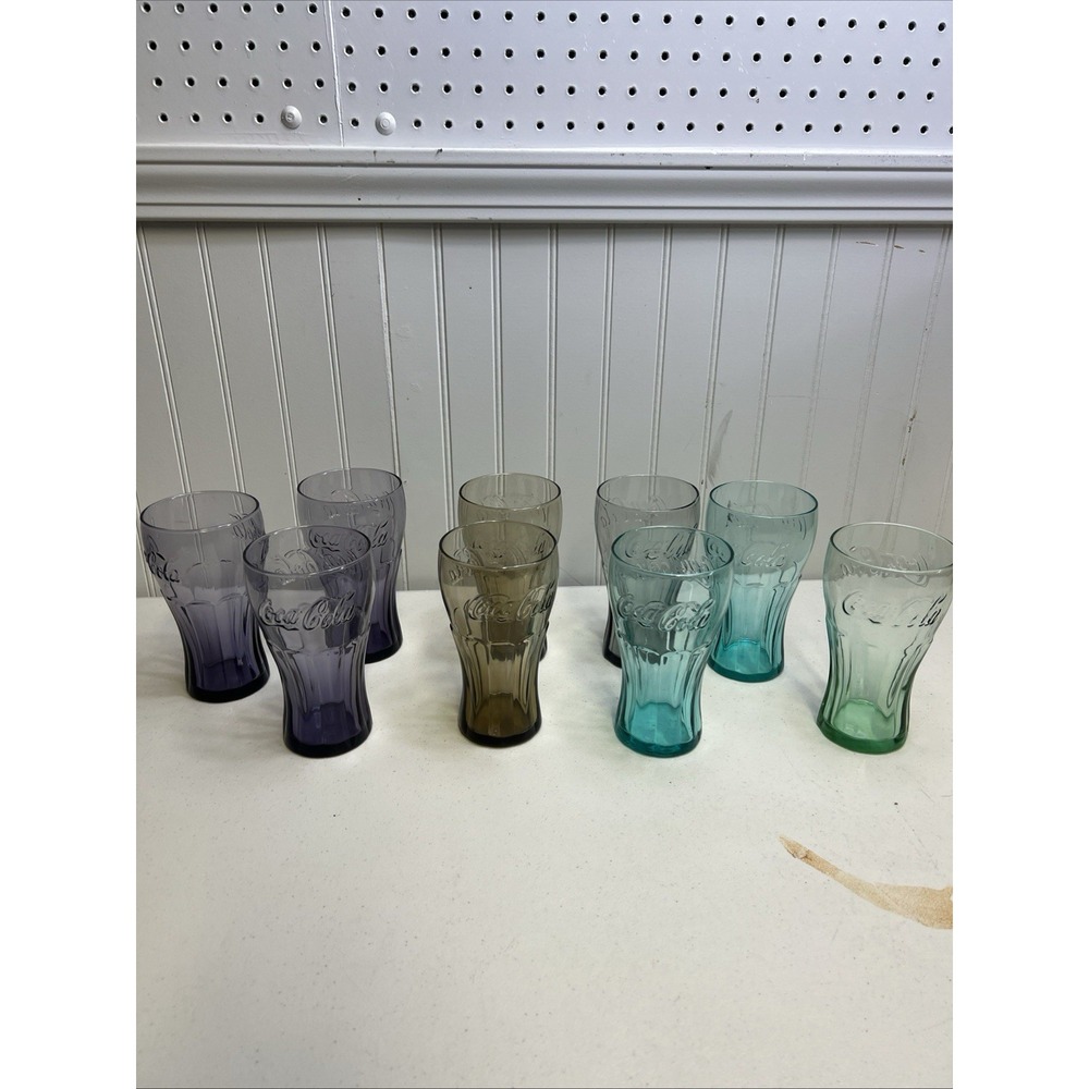 Coca-Cola Glasses Set of 9 Vintage Colored Tumbler Cups 6" 5 Colors